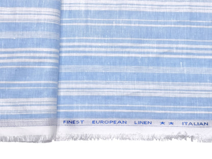 Italian Luxury Collection 100% Pure Linen Fabric 70 LEA Shirting Fabric (Blue & White, Stripes)