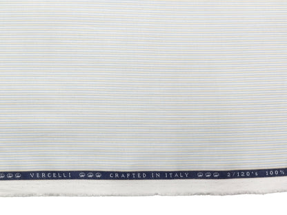 Vercelli Italy 2/120s 100% Pure Cotton Shirting Fabric (White, Blue & Yellow, Stripes)