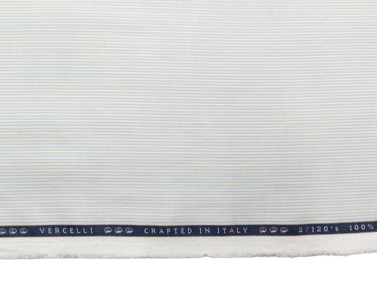 Vercelli Italy 2/120s 100% Pure Cotton Shirting Fabric (White, Blue & Yellow, Stripes)