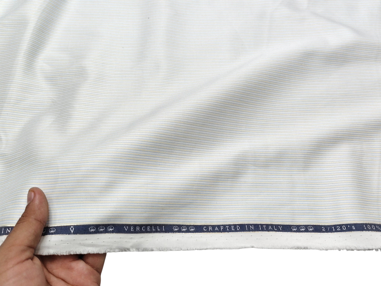 Vercelli Italy 2/120s 100% Pure Cotton Shirting Fabric (White, Blue & Yellow, Stripes)