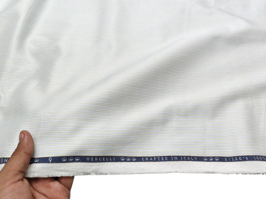 Vercelli Italy 2/120s 100% Pure Cotton Shirting Fabric (White, Blue & Yellow, Stripes)