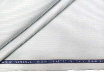 Vercelli Italy 2/120s 100% Pure Cotton Shirting Fabric (White, Blue & Yellow, Stripes)