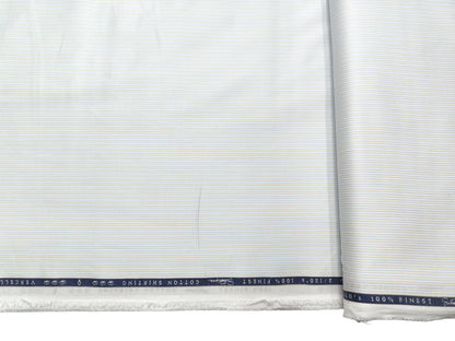 Vercelli Italy 2/120s 100% Pure Cotton Shirting Fabric (White, Blue & Yellow, Stripes)