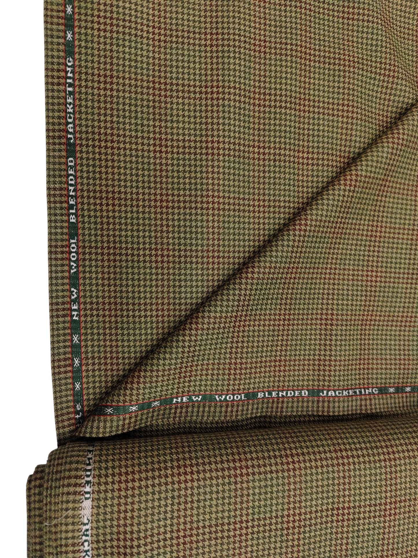Raymond Rosette Wool Blended Jacketing Suiting Fabric (Green And Red, Houndstooth Pattern)