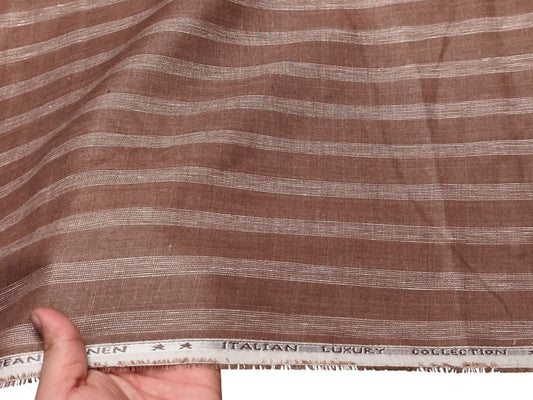 Italian Luxury Collection 100% Pure Linen Fabric 70 LEA Shirting Fabric (Brown, Striped)