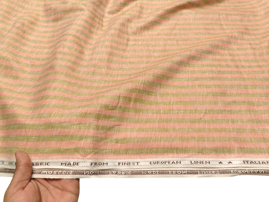 Italian Luxury Collection 100% Pure Linen Fabric 70 LEA Shirting Fabric (Orange & Green , Stripes)