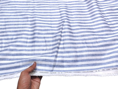 Italian Luxury Collection 100% Pure Linen Fabric 70 LEA Shirting Fabric (Blue , Striped)