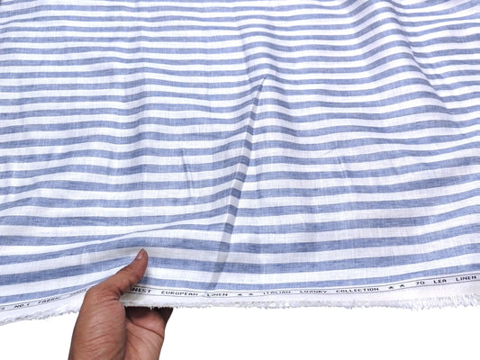 Italian Luxury Collection 100% Pure Linen Fabric 70 LEA Shirting Fabric (Blue , Striped)