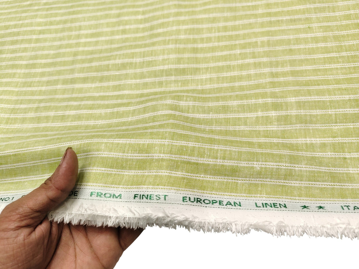 Italian Luxury Collection 100% Pure Linen Fabric 70 LEA Shirting Fabric (Light Green, Stripes)