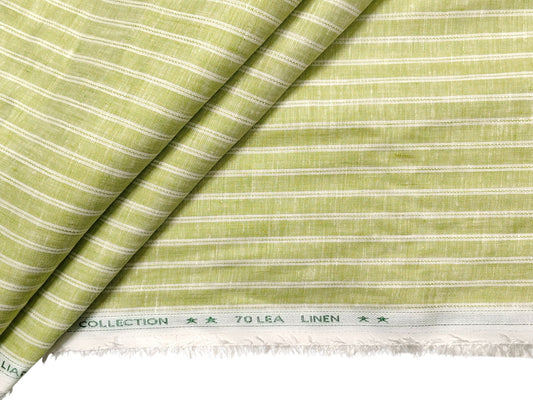 Italian Luxury Collection 100% Pure Linen Fabric 70 LEA Shirting Fabric (Light Green, Stripes)