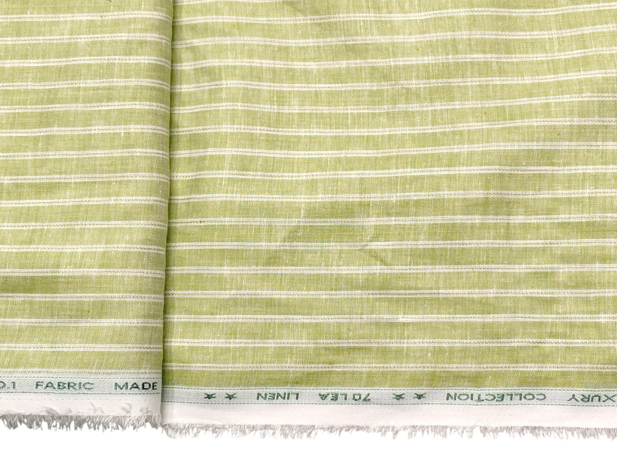 Italian Luxury Collection 100% Pure Linen Fabric 70 LEA Shirting Fabric (Light Green, Stripes)