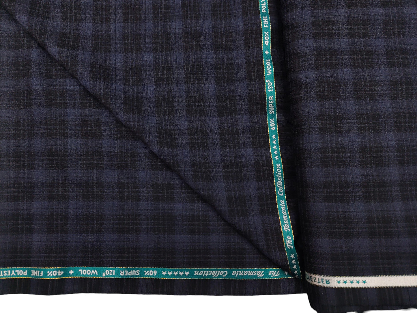 Raymond The Tasmania Collection 60% Wool Super 120s Suiting Fabric (Black And Blue, Checks)