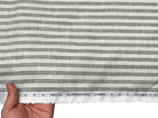 100% Pure European Linen 70 LEA Shirting Fabric (White And Grey, Striped)