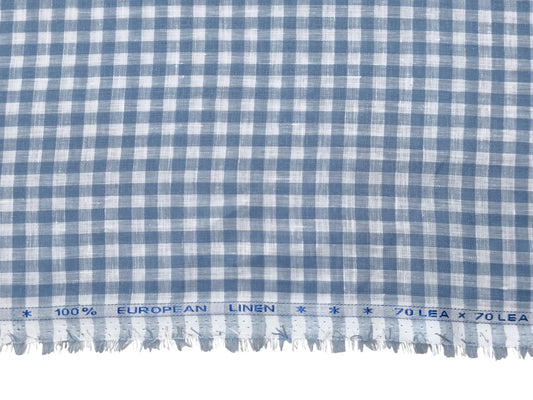 100% Pure European Linen 70 LEA Shirting Fabric (White And Blue, Checks)