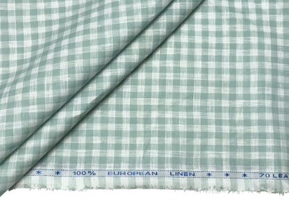 100% Pure European Linen 70 LEA Shirting Fabric (White And Green, Checks)