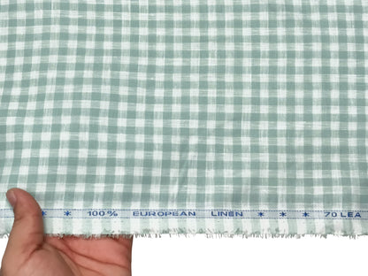 100% Pure European Linen 70 LEA Shirting Fabric (White And Green, Checks)