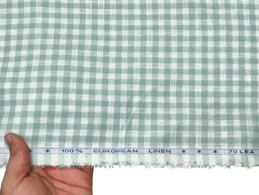 100% Pure European Linen 70 LEA Shirting Fabric (White And Green, Checks)