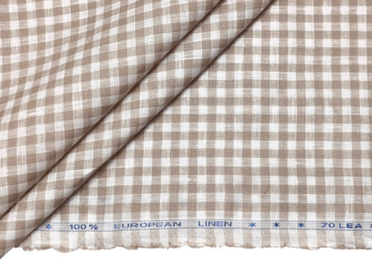 100% Pure European Linen 70 LEA Shirting Fabric (White And Brown, Checks)