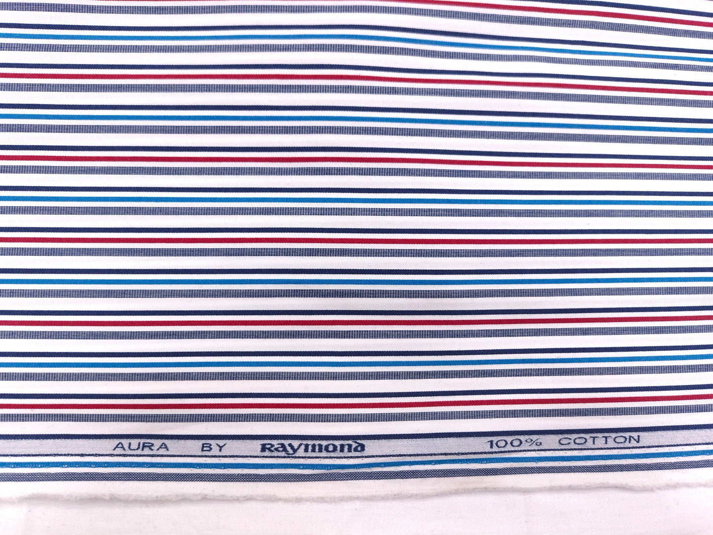Raymond 100% Pure Cotton Shirting Fabric (White Blue And Red, Multistripes)