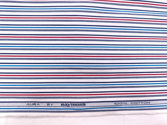 Raymond 100% Pure Cotton Shirting Fabric (White Blue And Red, Multistripes)