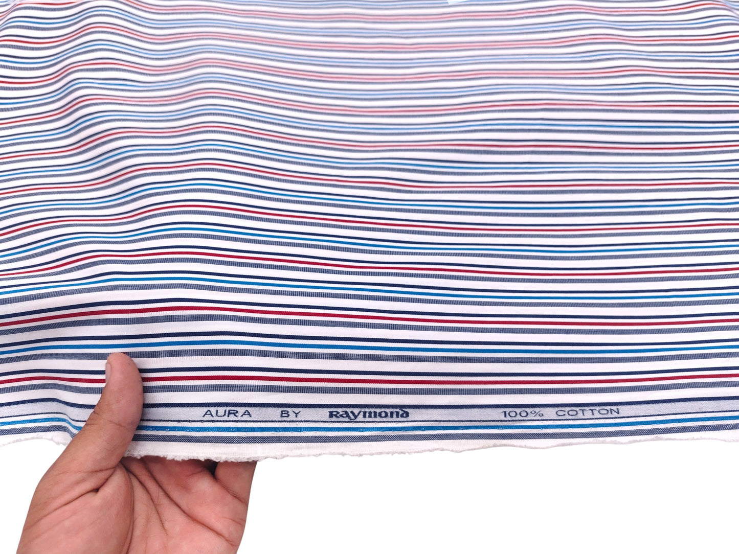 Raymond 100% Pure Cotton Shirting Fabric (White Blue And Red, Multistripes)