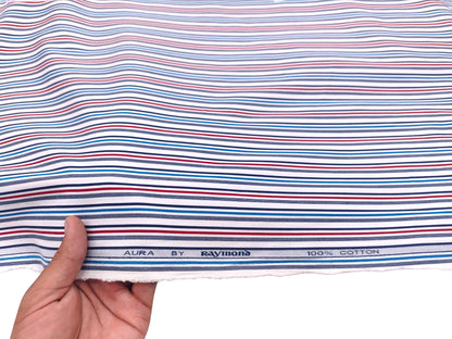 Raymond 100% Pure Cotton Shirting Fabric (White Blue And Red, Multistripes)