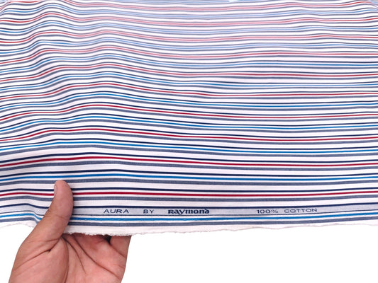 Raymond 100% Pure Cotton Shirting Fabric (White Blue And Red, Multistripes)
