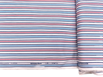 Raymond 100% Pure Cotton Shirting Fabric (White Blue And Red, Multistripes)