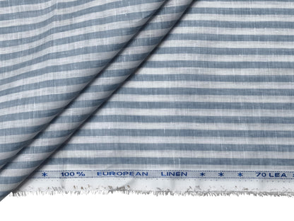 100% Pure European Linen 70 LEA Shirting Fabric (White and Blue, Striped)
