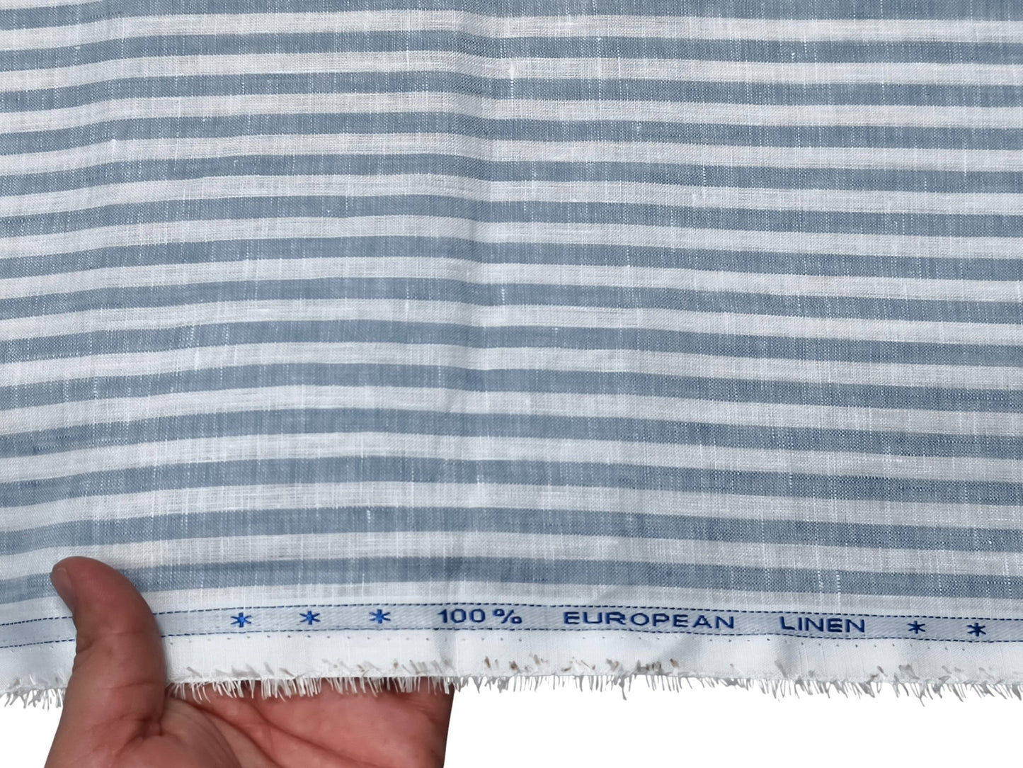 100% Pure European Linen 70 LEA Shirting Fabric (White and Blue, Striped)