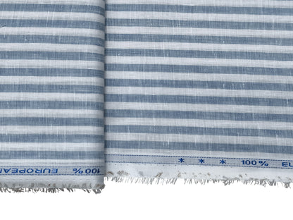 100% Pure European Linen 70 LEA Shirting Fabric (White and Blue, Striped)