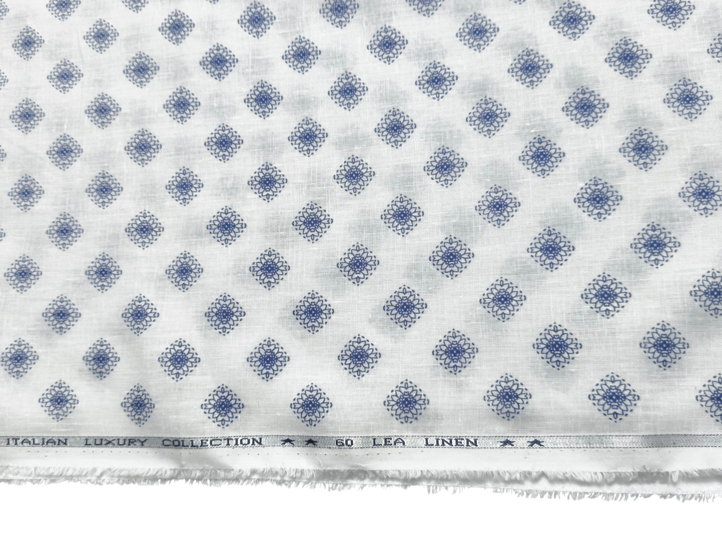 Italian Luxury Collection 100% Pure Linen 60 Lea Shirting Fabric (White & Blue, Printed)