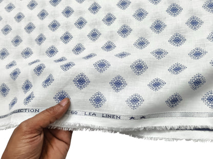 Italian Luxury Collection 100% Pure Linen 60 Lea Shirting Fabric (White & Blue, Printed)