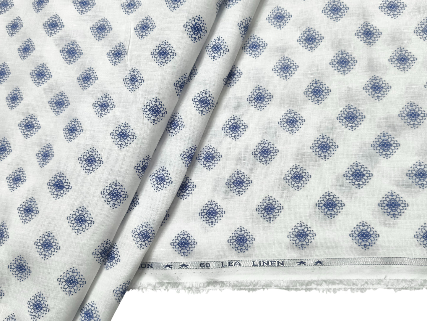 Italian Luxury Collection 100% Pure Linen 60 Lea Shirting Fabric (White & Blue, Printed)