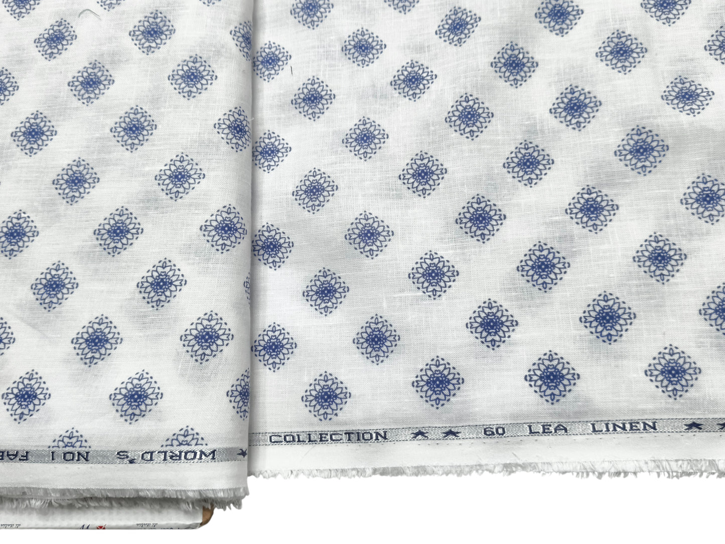 Italian Luxury Collection 100% Pure Linen 60 Lea Shirting Fabric (White & Blue, Printed)