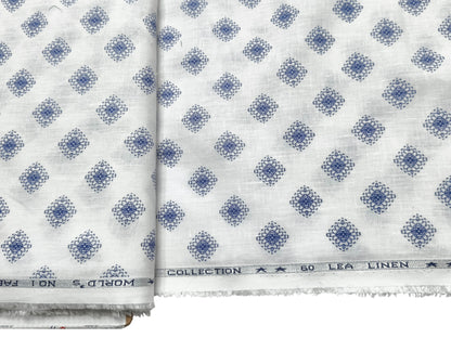 Italian Luxury Collection 100% Pure Linen 60 Lea Shirting Fabric (White & Blue, Printed)
