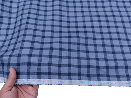 Italian Luxury Collection 100% Pure Linen 70 Lea Shirting Fabric (Blue, Checks)