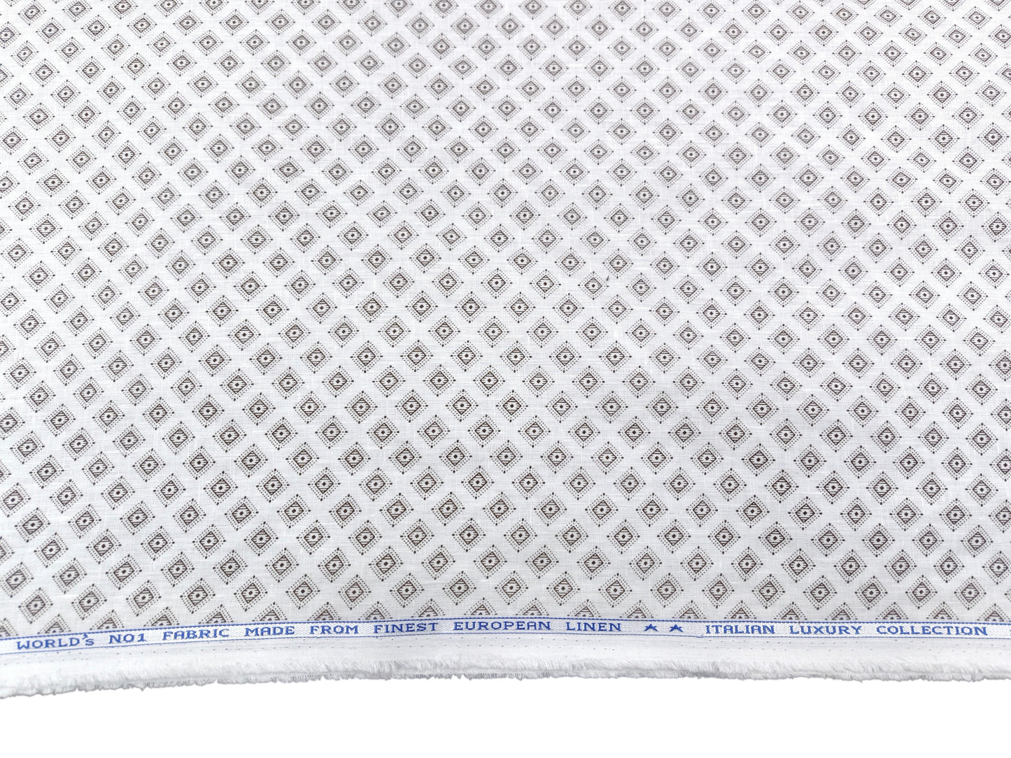 Italian Luxury Collection 100% Pure Linen 60 Lea Shirting Fabric (White & Brown, Printed)