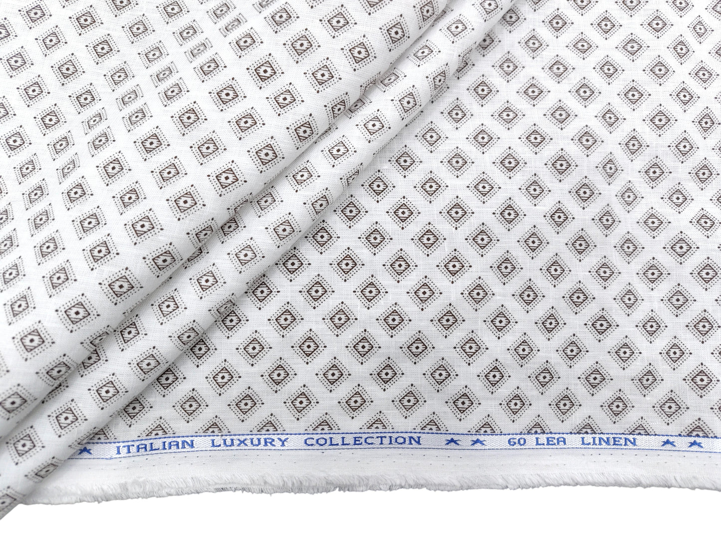 Italian Luxury Collection 100% Pure Linen 60 Lea Shirting Fabric (White & Brown, Printed)