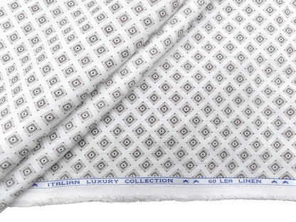 Italian Luxury Collection 100% Pure Linen 60 Lea Shirting Fabric (White & Brown, Printed)
