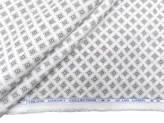 Italian Luxury Collection 100% Pure Linen 60 Lea Shirting Fabric (White & Brown, Printed)