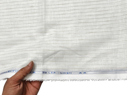 Italian Luxury Collection 100% Pure Linen 70 Lea Shirting Fabric (White & Brown, Stripes)