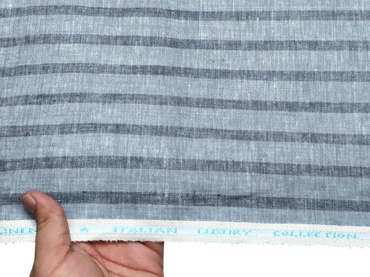 Italian Luxury Collection 100% Pure Linen 70 Lea Shirting Fabric (Blueish Grey , Stripes)