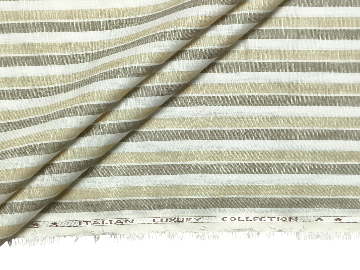 Italian Luxury Collection 100% Pure Linen 70 Lea Shirting Fabric (Beige & Olive, Stripes)