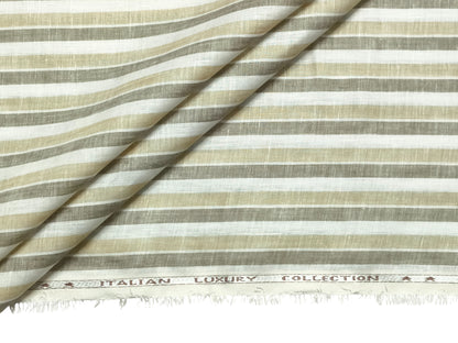 Italian Luxury Collection 100% Pure Linen 70 Lea Shirting Fabric (Beige & Olive, Stripes)