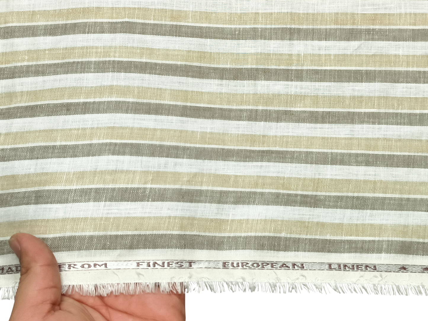 Italian Luxury Collection 100% Pure Linen 70 Lea Shirting Fabric (Beige & Olive, Stripes)