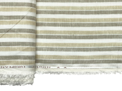Italian Luxury Collection 100% Pure Linen 70 Lea Shirting Fabric (Beige & Olive, Stripes)