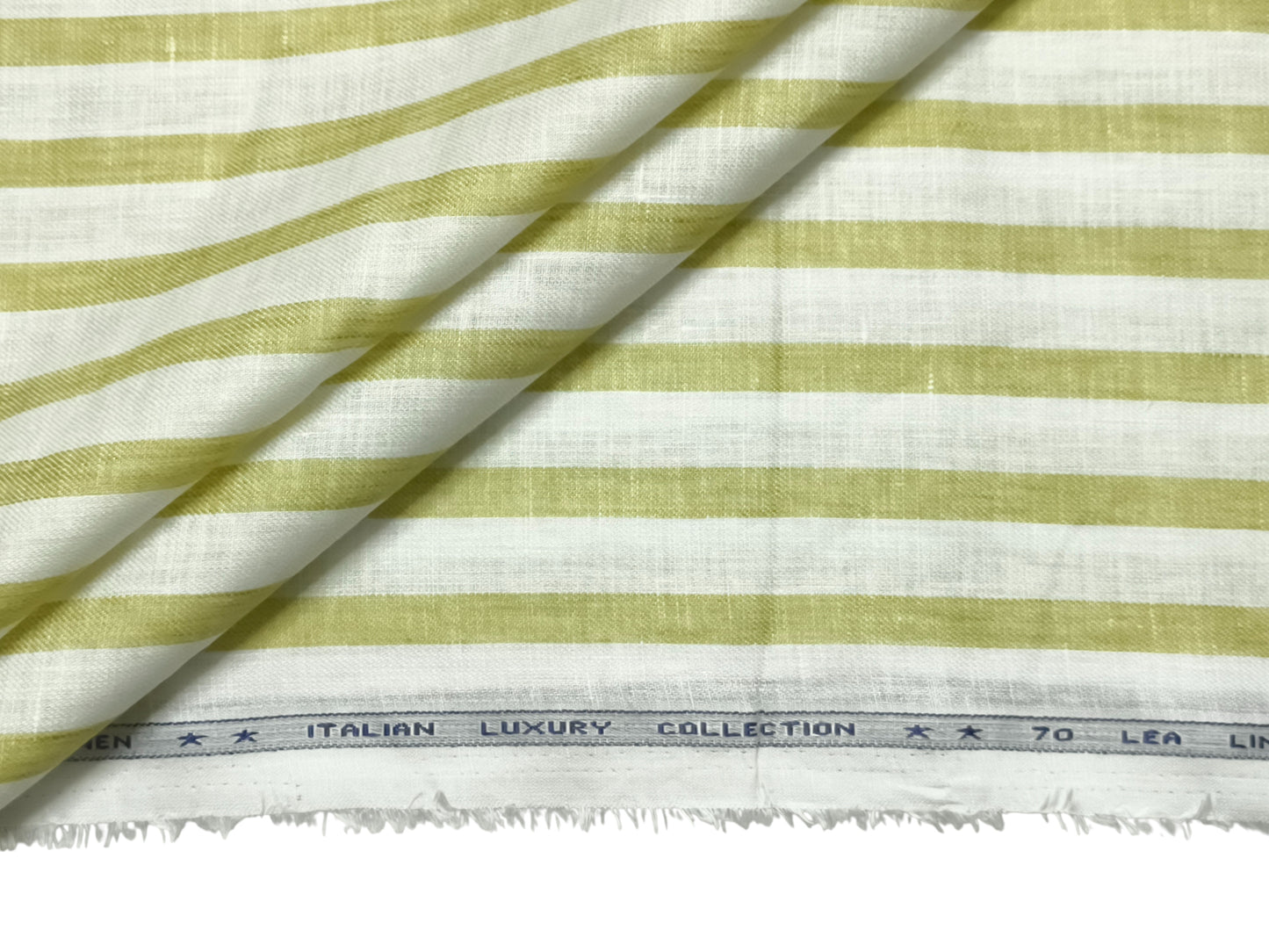 Italian Luxury Collection 100% Pure Linen 70 Lea Shirting Fabric (White & Green, Stripes)