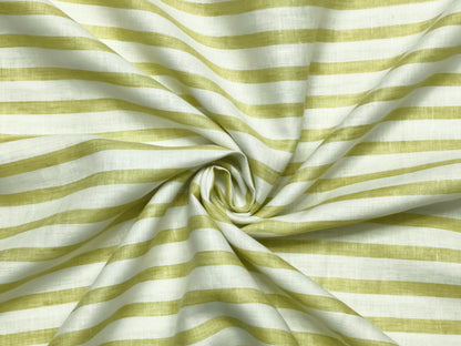 Italian Luxury Collection 100% Pure Linen 70 Lea Shirting Fabric (White & Green, Stripes)