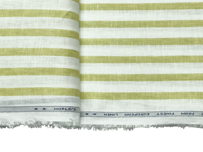 Italian Luxury Collection 100% Pure Linen 70 Lea Shirting Fabric (White & Green, Stripes)